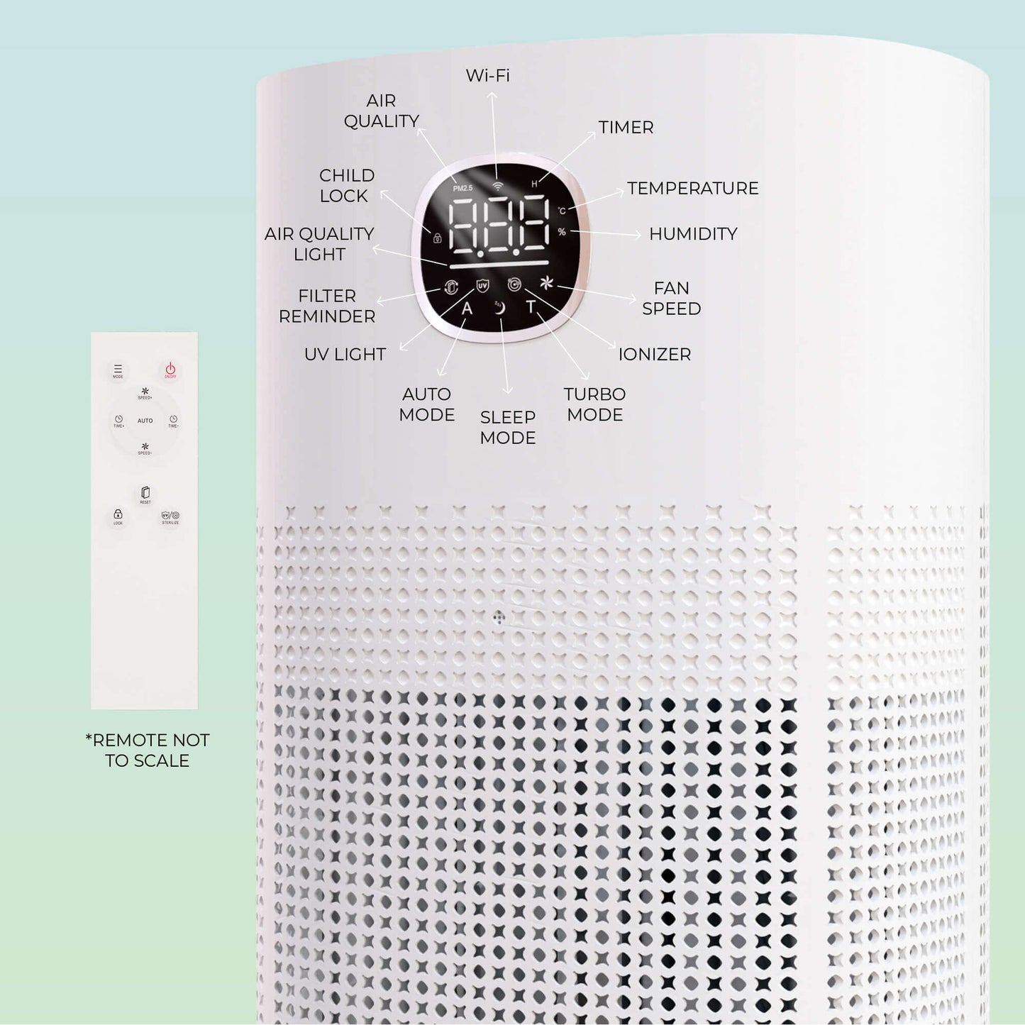 VP-300-WI infographic showcasing display screen, functions, and the remote control